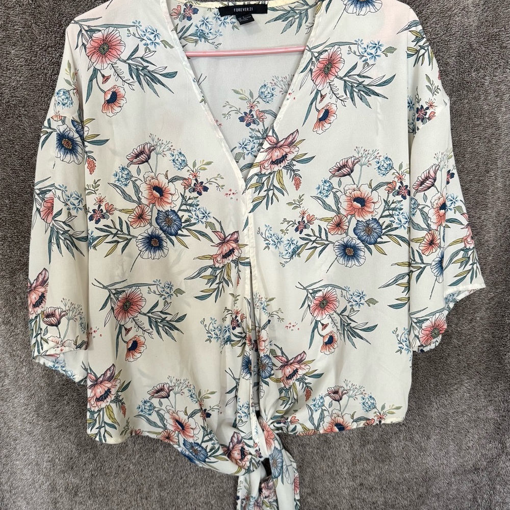 Forever 21 Cream and Blue Tie-Front Blouse
